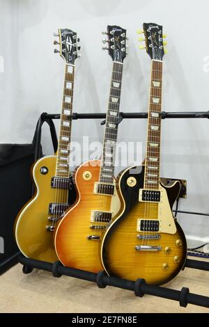 Gibson Les Paul guitars in a rack. Stock Photo