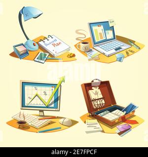 Business concept retro set with cartoon style office work items isolated vector illustration Stock Vector