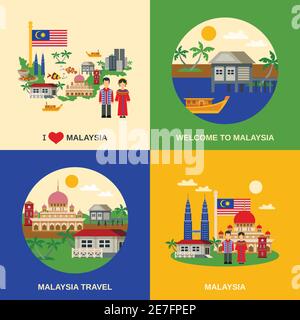 Malaysia for travelers 4 flat icons square composition with national food map customs and landmarks vector isolated illustration Stock Vector