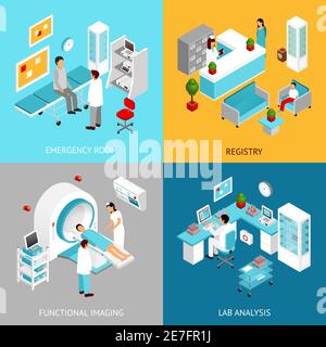 Hospital departments design concept set with registry and lab rooms isometric icons isolated vector illustration Stock Vector