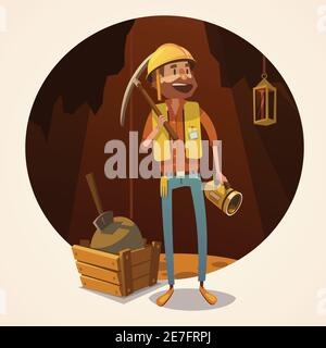 Mining concept with retro cartoon style miner in coalmine vector illustration Stock Vector