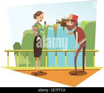 Female journalist with mic and male cameraman retro style cartoon vector illustration Stock Vector