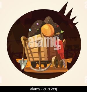 Mining concept with trolley with minerals and working tools retro cartoon vector illustration Stock Vector