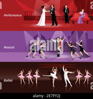 Horizontal banners set of theater people in ballet musical and performance flat vector illustration Stock Vector