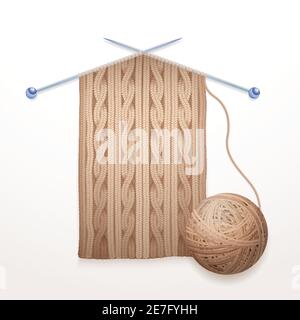 Two single pointed needles with modern cable scarf knitting and beige yarn ball composition abstract flat vector illustration Stock Vector