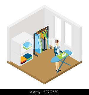 Household processional help for working women isometric pictogram with ironing and cleaning service at work abstract vector illustration Stock Vector