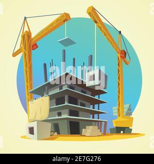 Retro construction concept with house building process retro style ...