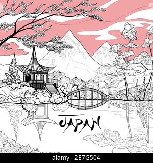 Japan landscape background with sketch pagoda sakura branch and mountains on background vector illustration Stock Vector