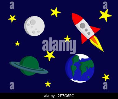 Rocket in space, the moon, saturn and the planet earth with stars, cartoon no outline Stock Vector