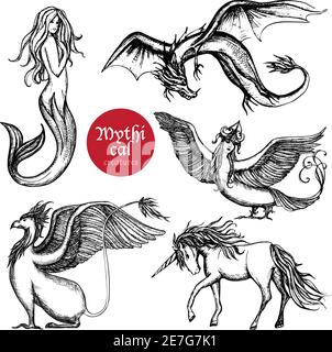 Mythical creatures hand drawn sketch set isolated vector illustration Stock Vector