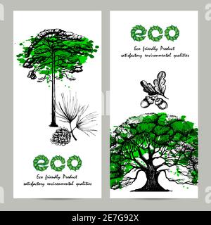 Ecology vertical banner set with hand drawn oak and pine trees isolated vector illustration Stock Vector