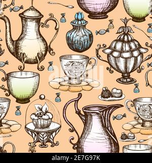 Vintage tea seamless pattern with hand drawn pots and cups vector illustration Stock Vector