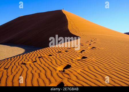 Two persons climb the sand dune 45. Namibia landscape orange. Travel image. Sossusvlei, Namibia, Africa Stock Photo