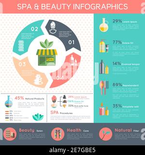 Spa and wellness infographic set with health and natural cosmetics symbols flat vector illustration Stock Vector