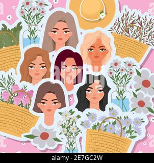 set of 8 march womens day with cute womens heads and basket full with roses Stock Vector