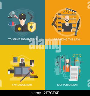 Fair judgement and just punishment icons set with breaking the law and police flat isolated vector illustration Stock Vector