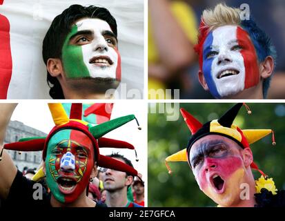 A combination picture shows soccer fans with painted faces (from clockwise top L) of Italy, France, Germany and Portugal during the World Cup 2006 tournament in Germany. Germany are due to play Italy in the semi-finals of the World Cup. The winners of Tuesday game will go on to face either Portugal or France in the final in Berlin on July 9.    REUTERS/Staff  (GERMANY)