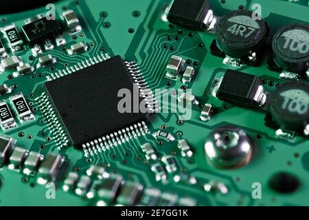 Integrated circuit with a processor chip on computer mainboard Stock Photo