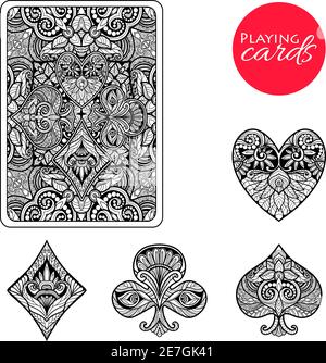 Decorative playing card suits set with hand drawn ornament isolated vector illustration Stock Vector