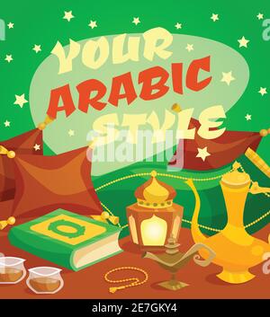 Arabic culture concept with middle east traditional symbols cartoon set vector illustration Stock Vector