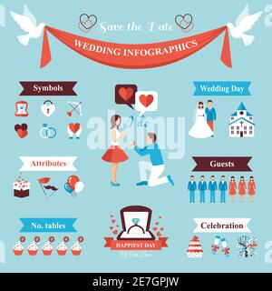 Wedding infographics set with bride and groom symbols vector illustration Stock Vector