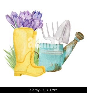Garden elements watercolor illustration. Stock Photo
