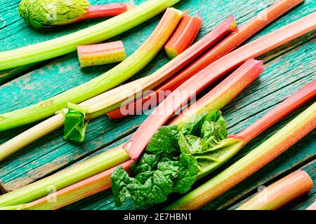 Fresh rhubarb stem on retro wooden table.Bundle of stalks and pieces rhubarb Stock Photo