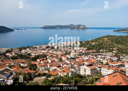 Panorama of city and bay with surrounding landscape at morning, Kas, Turkey Stock Photo