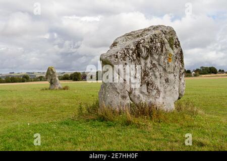 The Longstones, two standing stones, also known as 'Adam' (nearest) and 'Eve', Beckhampton, Wiltshire, England. Stock Photo