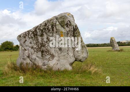 The Longstones, two standing stones, also known as 'Adam' (nearest) and 'Eve', Beckhampton, Wiltshire, England. Stock Photo