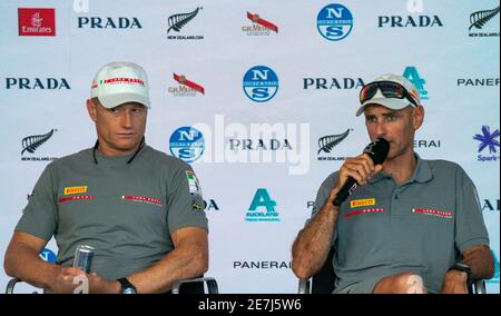 Auckland, New Zealand, 30 January, 2021 -  Italian team Luna Rossa Prada Pirelli's jointly  helmed by Jimmy Spithill and Francesco Bruni (right) speak at the after race press conference after winning the Prada Cup semi-finals by beating New York Yacht Club American Magic team on Patriot, skippered by Terry Hutchinson and helmed by Dean Barker . The Italian team won the semi-final 4-0 and will meet INEOS Team UK in the Prada Cup final starting February 12. Behind is Auckland's Sky Tower. Credit: Rob Taggart/Alamy Live News Stock Photo