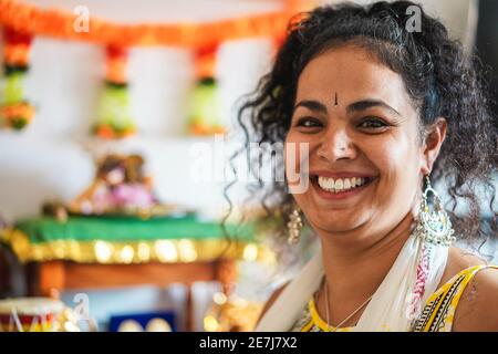 Portrait of happy southern asian woman wearing sari dress - Focus on face Stock Photo