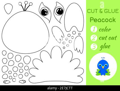 Coloring book cut and glue baby peacock. Educational paper game for preschool children. Cut and Paste Worksheet. Color, cut parts and glue on paper. Stock Vector