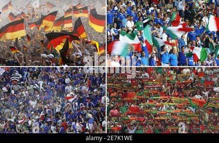 A combination picture shows soccer fans (from clockwise top L) of Germany, Italy, Portugal and France during the World Cup 2006 tournament in Germany. Germany are due to play Italy in the semi-finals of the World Cup. The winners of Tuesday game will go on to face either Portugal or France in the final in Berlin on July 9.    REUTERS/Staff  (GERMANY)