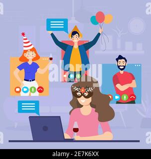 People celebrating New Year on computer video conferencing call. New normal and covid-19 concept. Flat design vector illustration Stock Vector