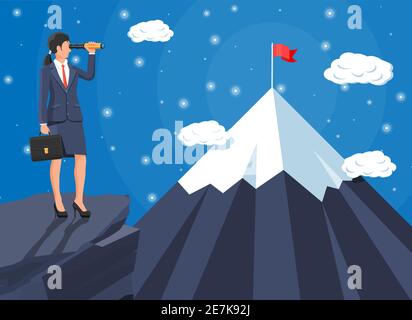 Businesswoman with briefcase looking for opportunities in spyglass. Business woman look up to the target on mountain. Success, achievement, business vision career goal. Flat vector illustration Stock Vector