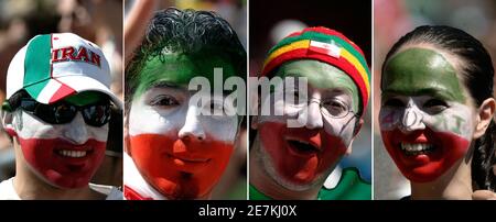 -COMBO PHOTO- A combination of four pictures shows Iran supporters with their faces painted with the colours of the Iranian flag before the World Cup soccer match between Iran and Mexico in Frankfurt June 11, 2006.