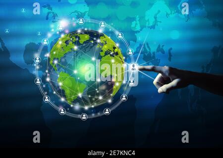 New global business connection concept. Businessman leading the global connection with connecting people orbit around the world.