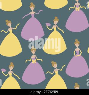 Vector seamless pattern with ladies cartoon characters. Ladies in colorful yellow and purple dresses and gloves in different poses. Woman with a fan a Stock Vector