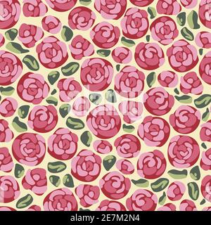 Vector seamless pattern of blooming rose flowers and leaves on a yellow background. Decorative floral design. Stock Vector