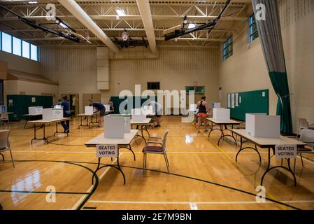 Interior view of a polling station set up for socially distanced voting in Arlington, Virginia, November 2020. Stock Photo