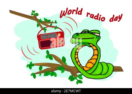 Snake with radio isolated on white background.Cute snake listening music on branch. World radio day.Retro radio and comic serpent.Vector illustration Stock Vector