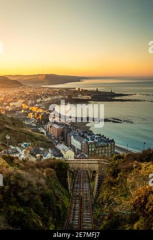Views from Constitution hill in Aberystwyth. A coastal town in Ceredigion Mid Wales. Well known for amazing sunsets and stormy uk weather. Stock Photo