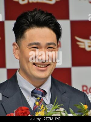 Tokyo, Japan. 30th Jan, 2021. Former New York Yankees pitcher Masahiro Tanaka poses for photographers during a press conference in Tokyo, Japan on Saturday, January 30, 2021. He is returning to Japan after playing for the New York Yankees. Photo by Keizo Mori/UPI Credit: UPI/Alamy Live News Stock Photo