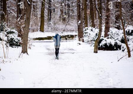 Berlin, Germany. 30th Jan, 2021. Germany, Berlin, January 30, 2021: A runner can be seen on a snow covered path at Berlins Tiergarten. Berlin residents are urgently required to reduce physical social contact with people from outside the home to the absolute minimum. People may only leave their home for important reasons or sports. (Photo by Jan Scheunert/Sipa USA) Credit: Sipa USA/Ģ����ý Live News Stock Photo