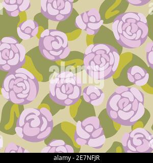 Vector seamless pattern with blooming pink rose flowers and leaves. Modern natural design. Stock Vector