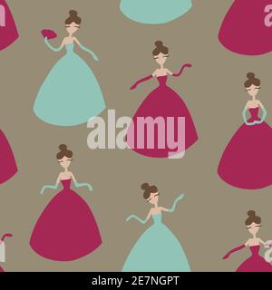 Vector seamless pattern with ladies cartoon characters. Ladies in colorful dresses and gloves in different poses. Woman with a fan and bowknot. Stock Vector