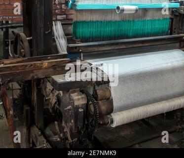 Loom Cotton Fabric. Traditional Cloth Weaving Handloom Machine Stock Photo