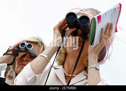 Racegoers watch the third race of the Epsom Derby Festival at Epsom Downs in Surrey, southern England June 6, 2008. REUTERS/Alessia Pierdomenico (BRITAIN)