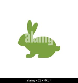 Vector icon with silhouette of sitting rabbit. Green summer bunny with cute long oval ears and curved little tail. Isolated on white background. Easte Stock Vector